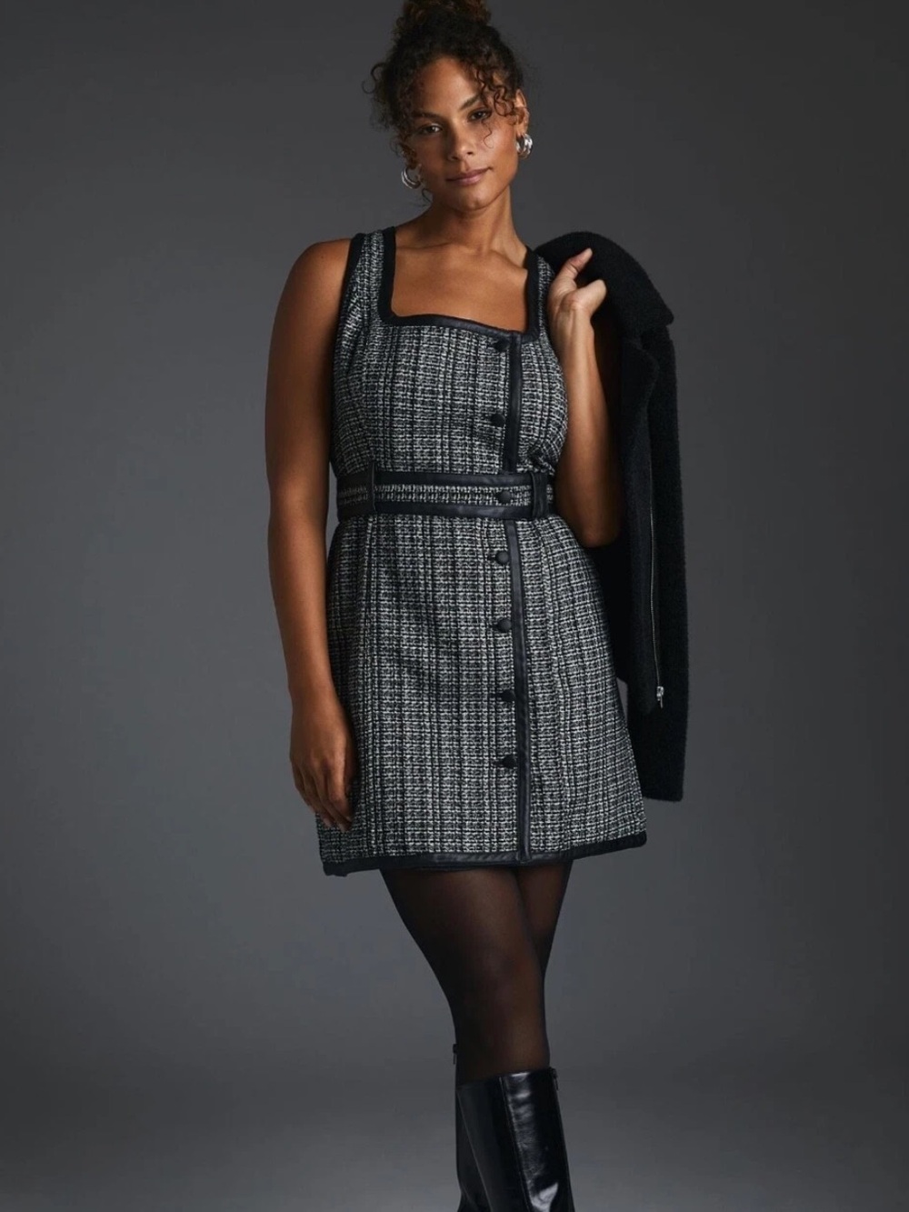 Anthropologie Maeve Black and Gray Tweed Mini Dress Plus